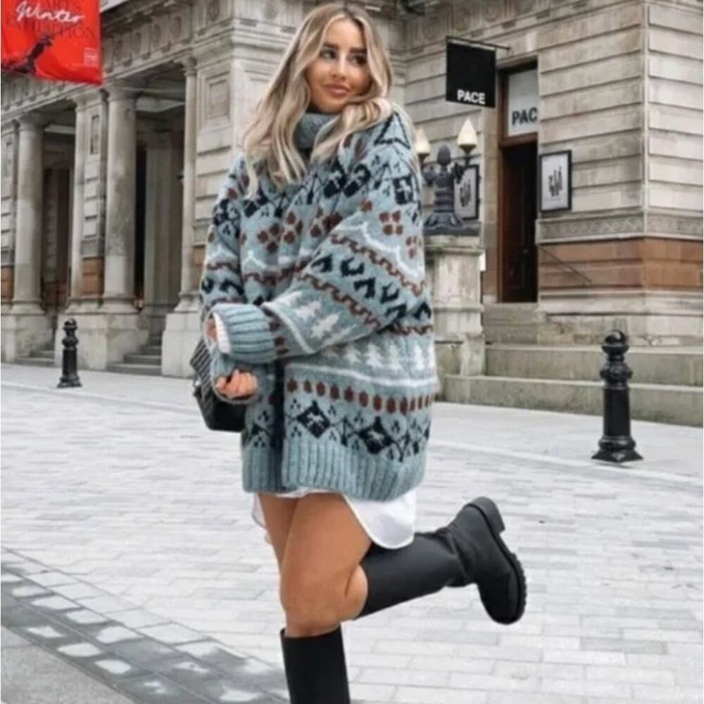 Zara Oversized Knit Jacquard Tree Turtleneck Sweater